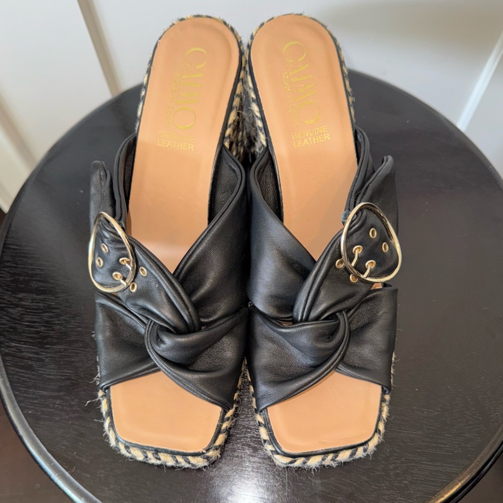 Gaimo Women's Leather Cross Band Heel Sandals Black US 9 Made in Spain Pre-Owned